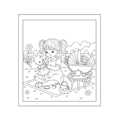 Dibujo para Colorear Niña Jugando con Muñecas al Aire Libre