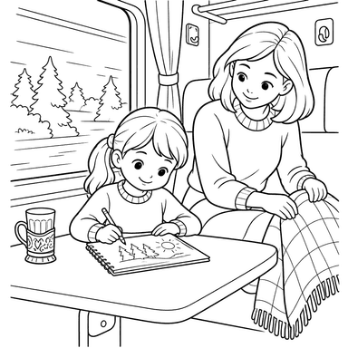 Dibujo para colorear de niña dibujando en tren