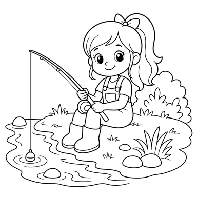 Menina anime à beira do rio com vara de pescar — desenho para colorir