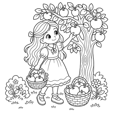 Niña recoge manzanas — dibujo para colorear