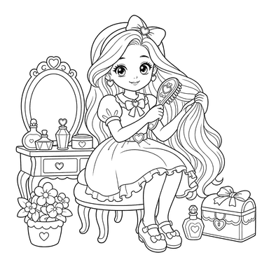Niña con pelo largo y peine — Dibujo para colorear