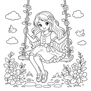 Niña en un columpio — dibujo para colorear