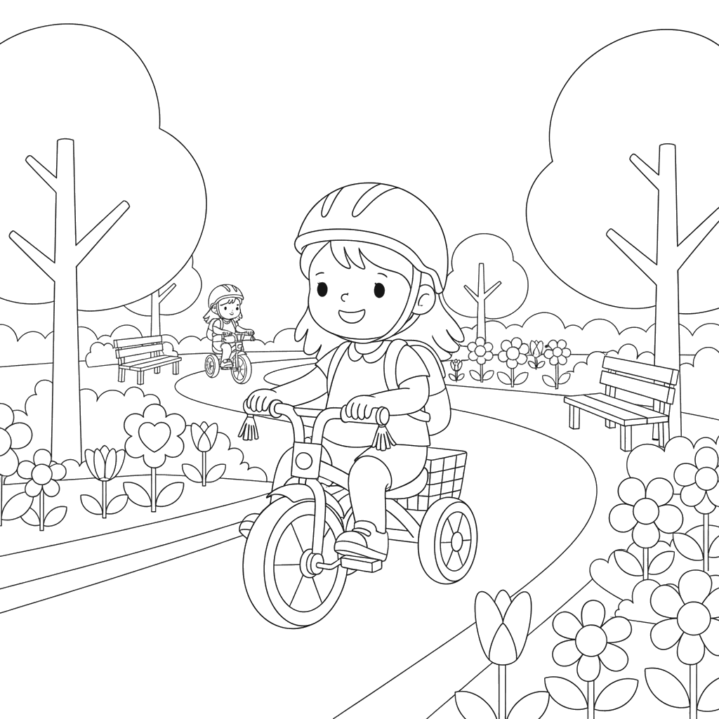 Menina no triciclo no parque para colorir
