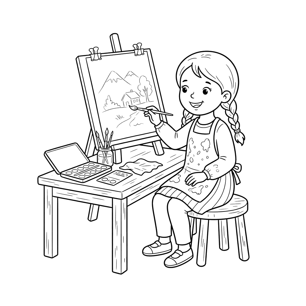 Coloriage: Fille Peignant à l'Aquarelle