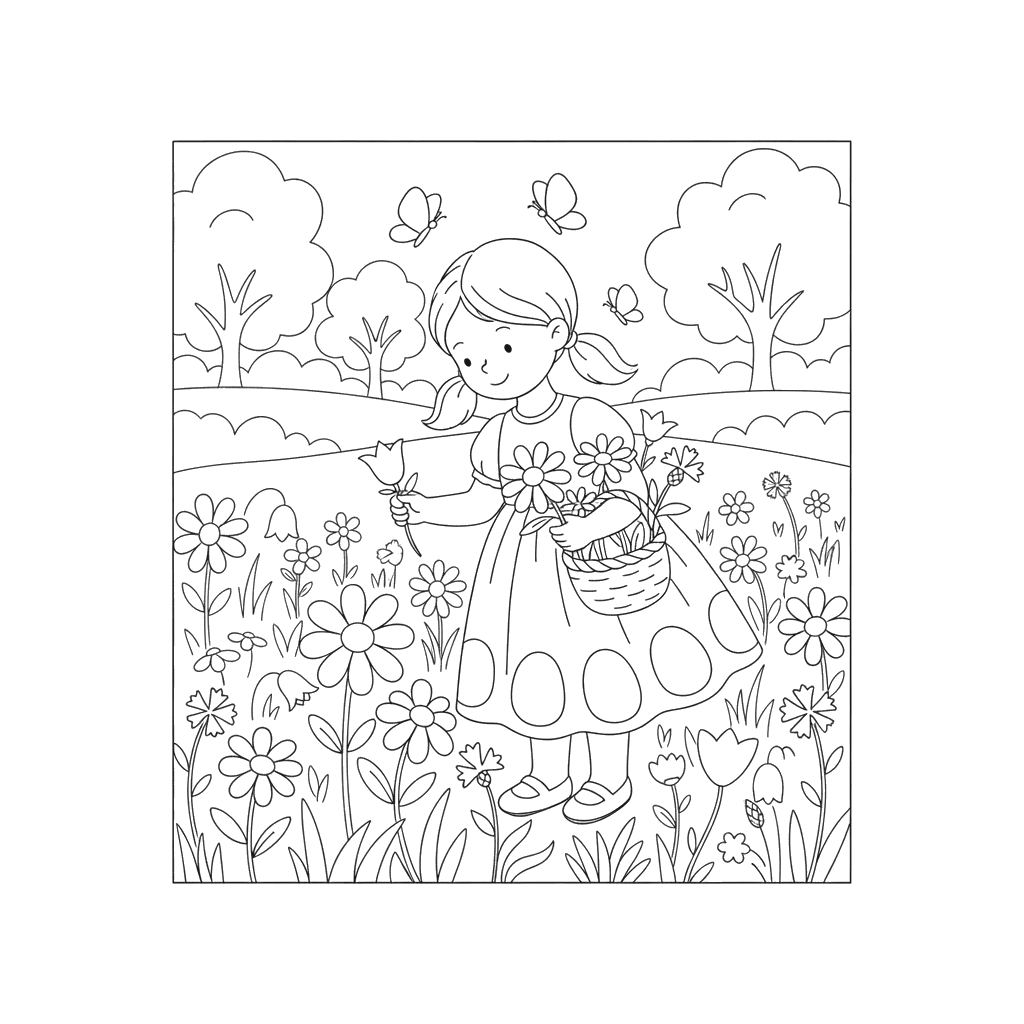 Menina colhendo flores para colorir