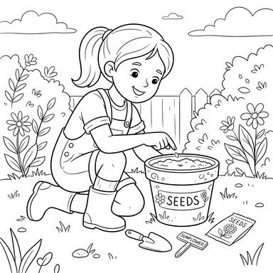 Coloriage Fille plantant des graines dans un pot