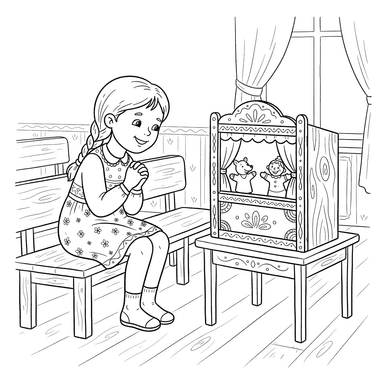 Coloriage Fille Regardant un Théâtre de Marionnettes
