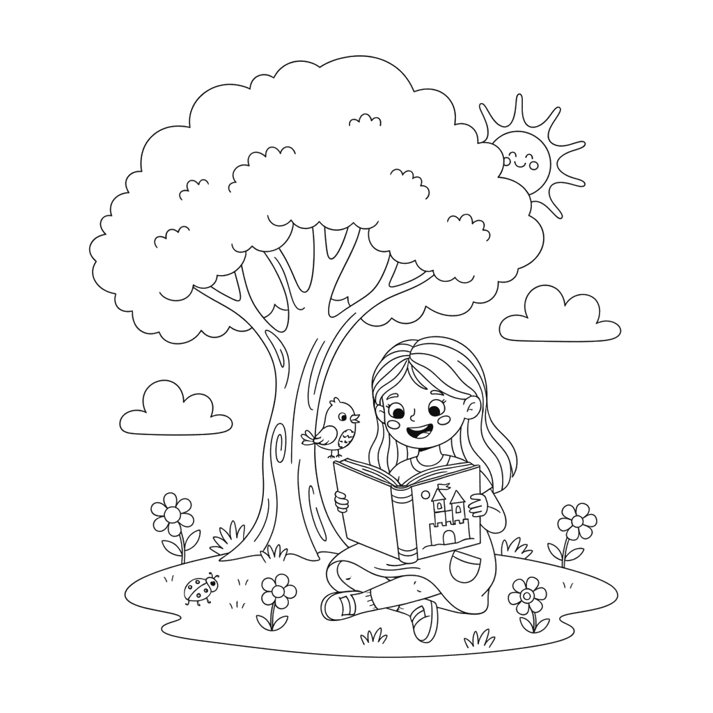 Menina lendo debaixo de uma árvore para colorir