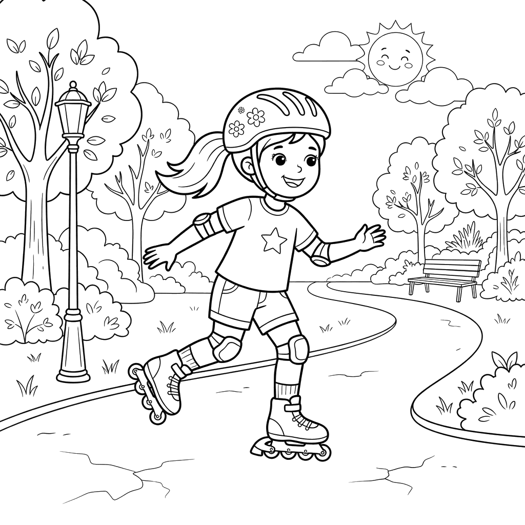 Girl Roller Skating in Park Coloring Page