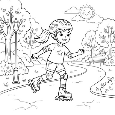 Coloriage: Fille en Rollers dans le Parc