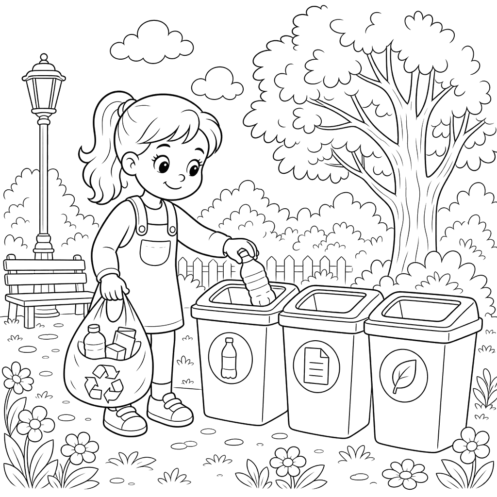 Desenho para colorir de Menina separando o lixo