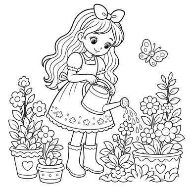 Niña regando flores — dibujo para colorear