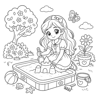 Niña con pelo largo en el arenero — Dibujo para colorear