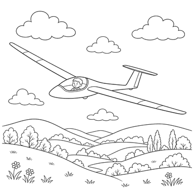 Ausmalbild Segelflugzeug über Hügeln