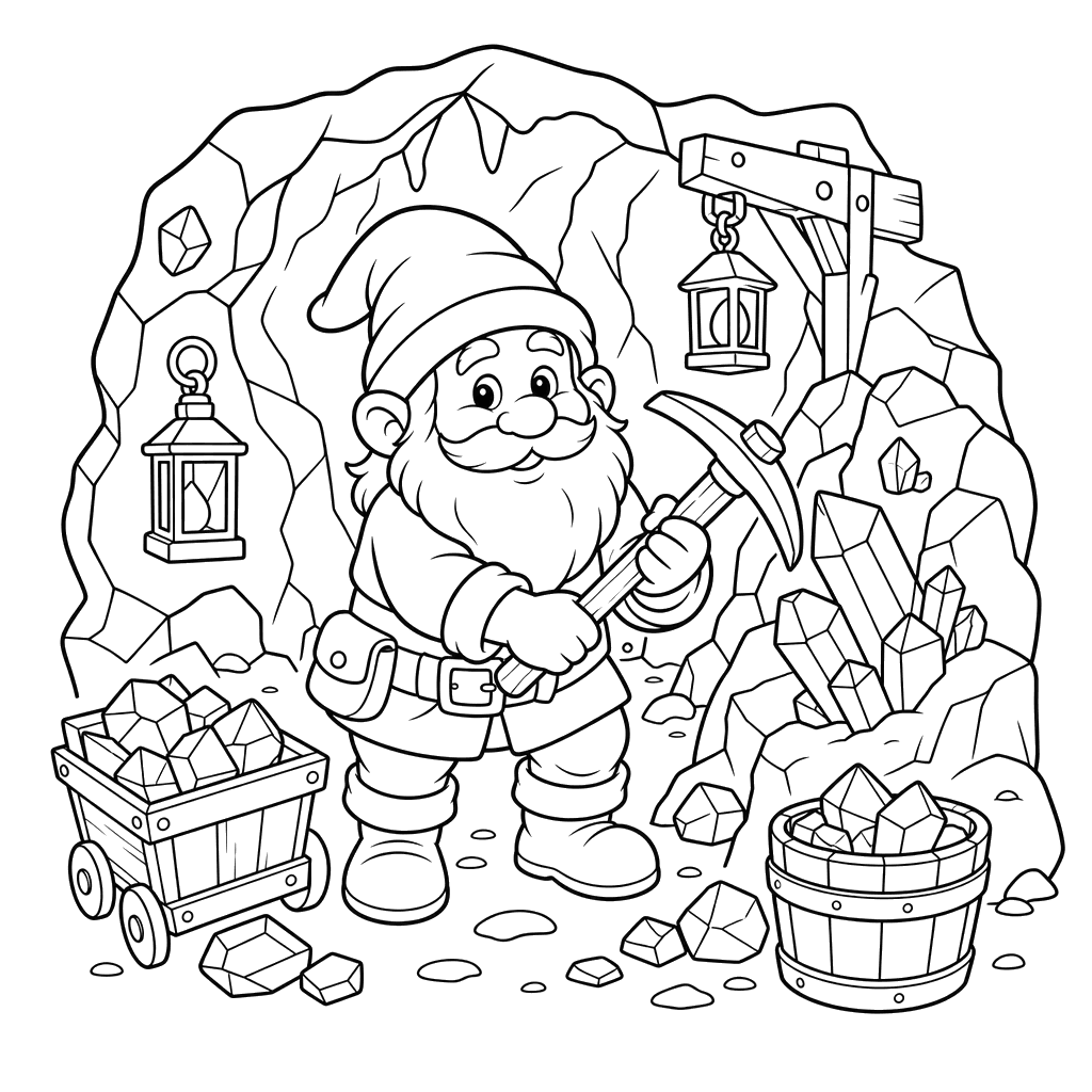 Gnomo junto al mineral en la cueva — Dibujo para colorear