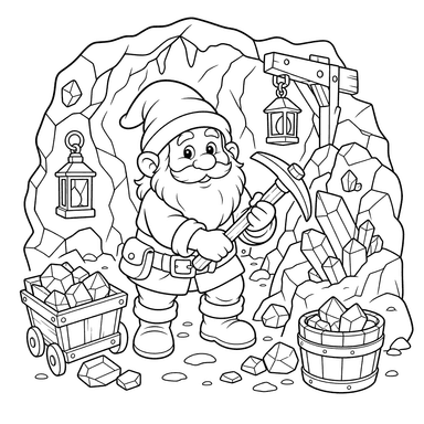 Gnomo junto al mineral en la cueva — Dibujo para colorear