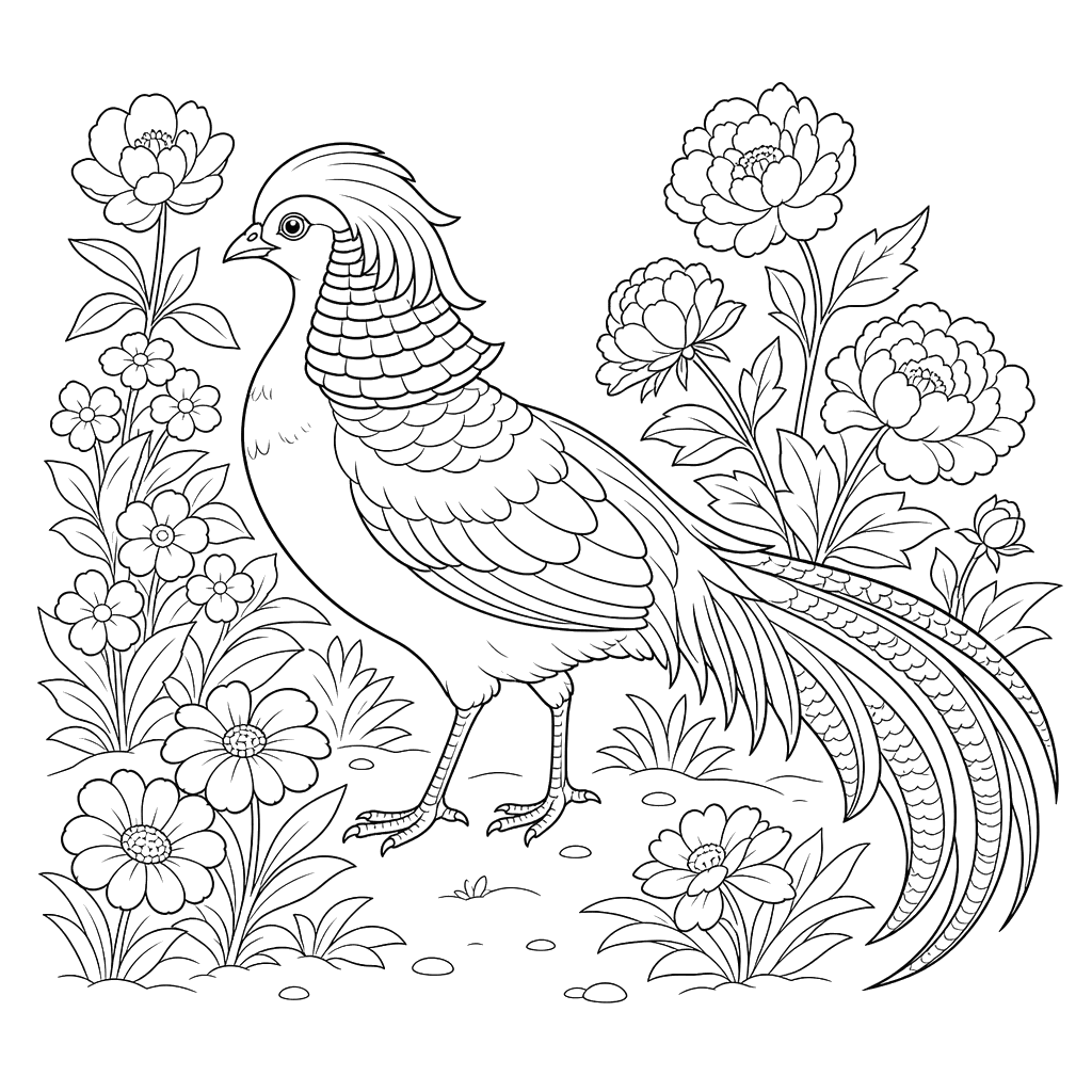 Faisán dorado y flores