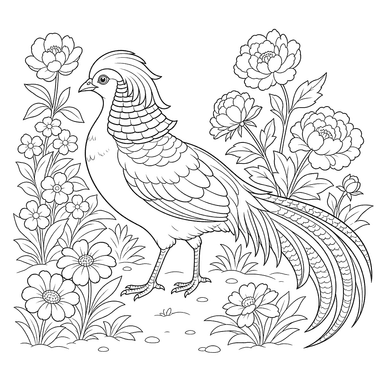 Faisan doré et fleurs