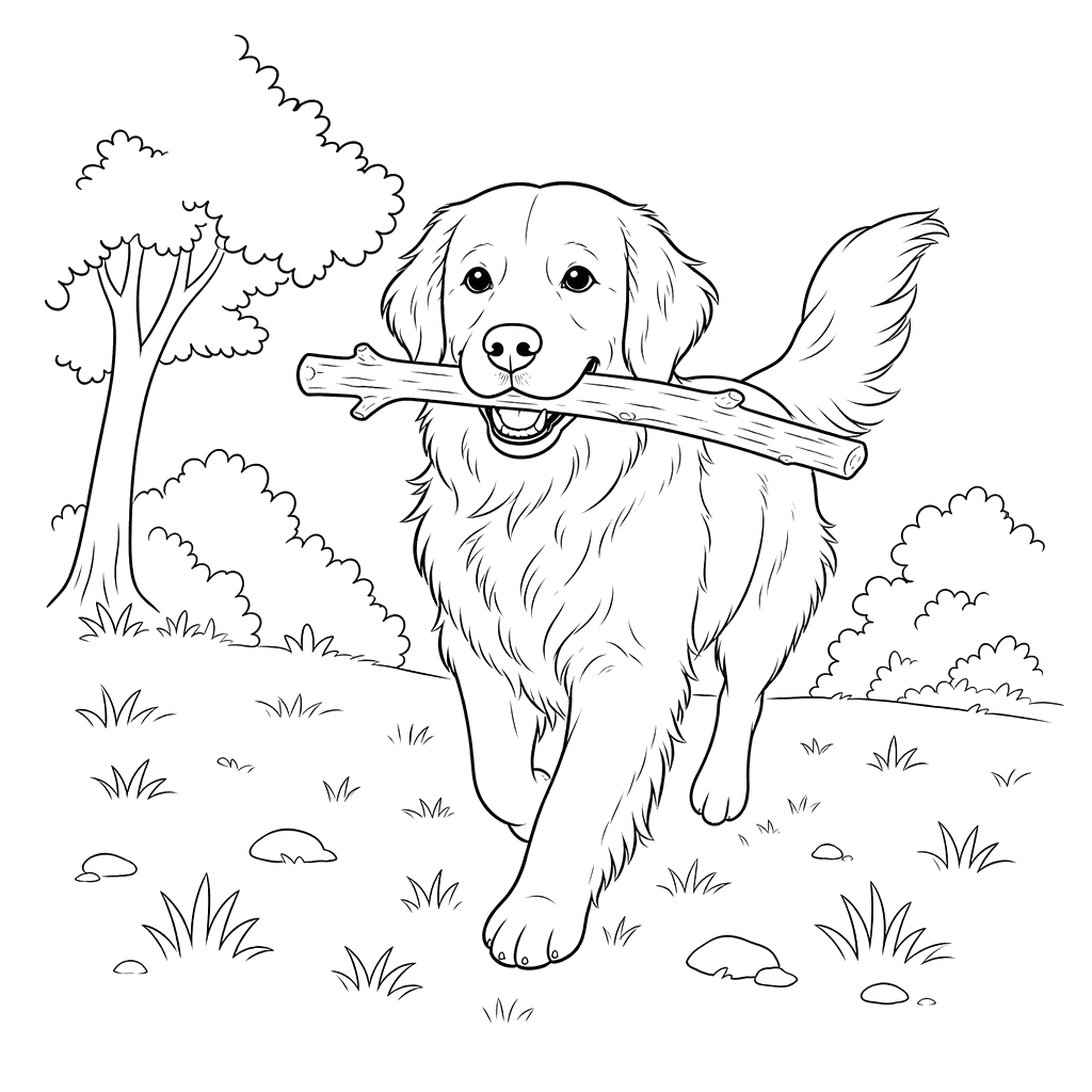 Golden Retriever bringt Stock — Ausmalbild
