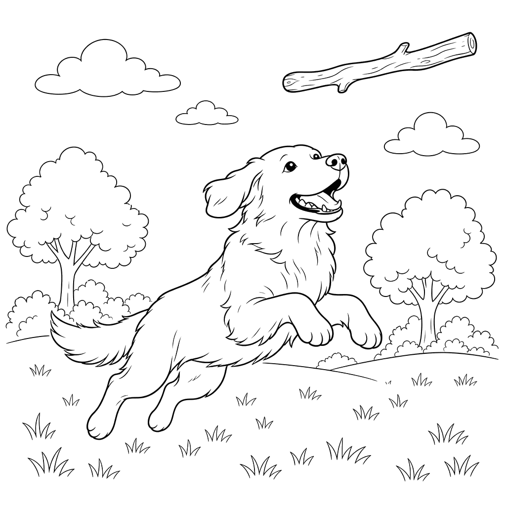 Goldener Retriever fängt einen Stock — Ausmalbild