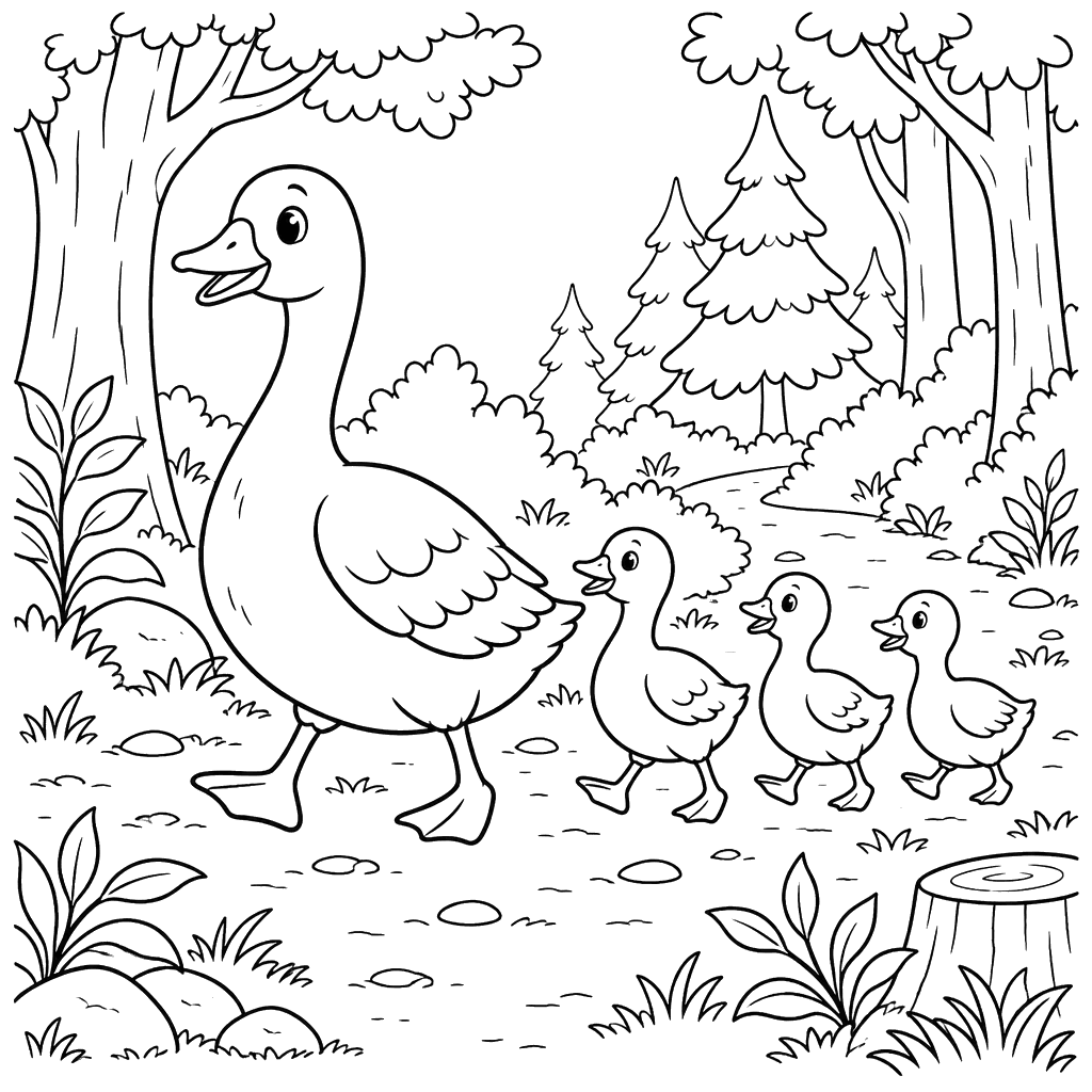 Família de gansos na trilha da floresta