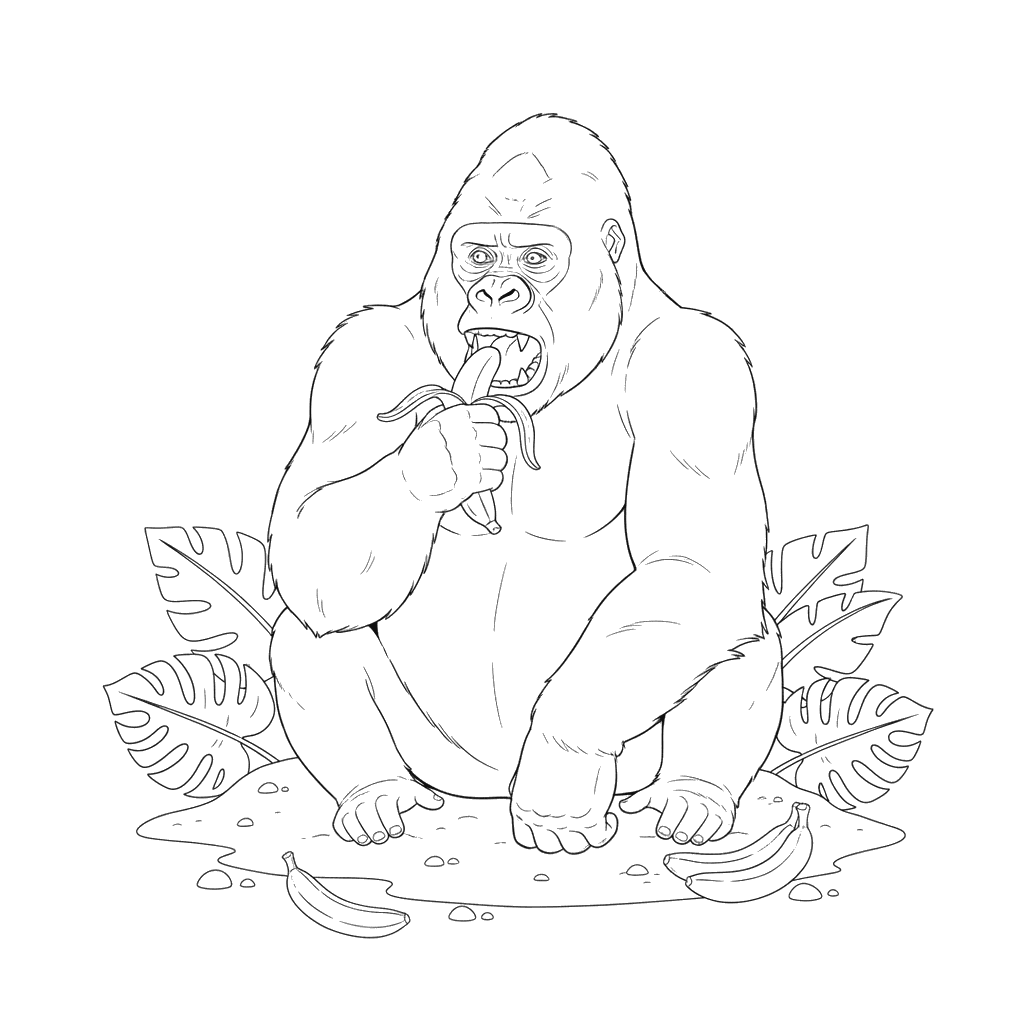 Ausmalbild: Gorilla isst Banane