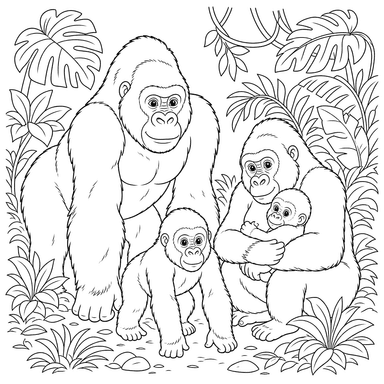 Coloriage Famille de gorilles dans la jungle