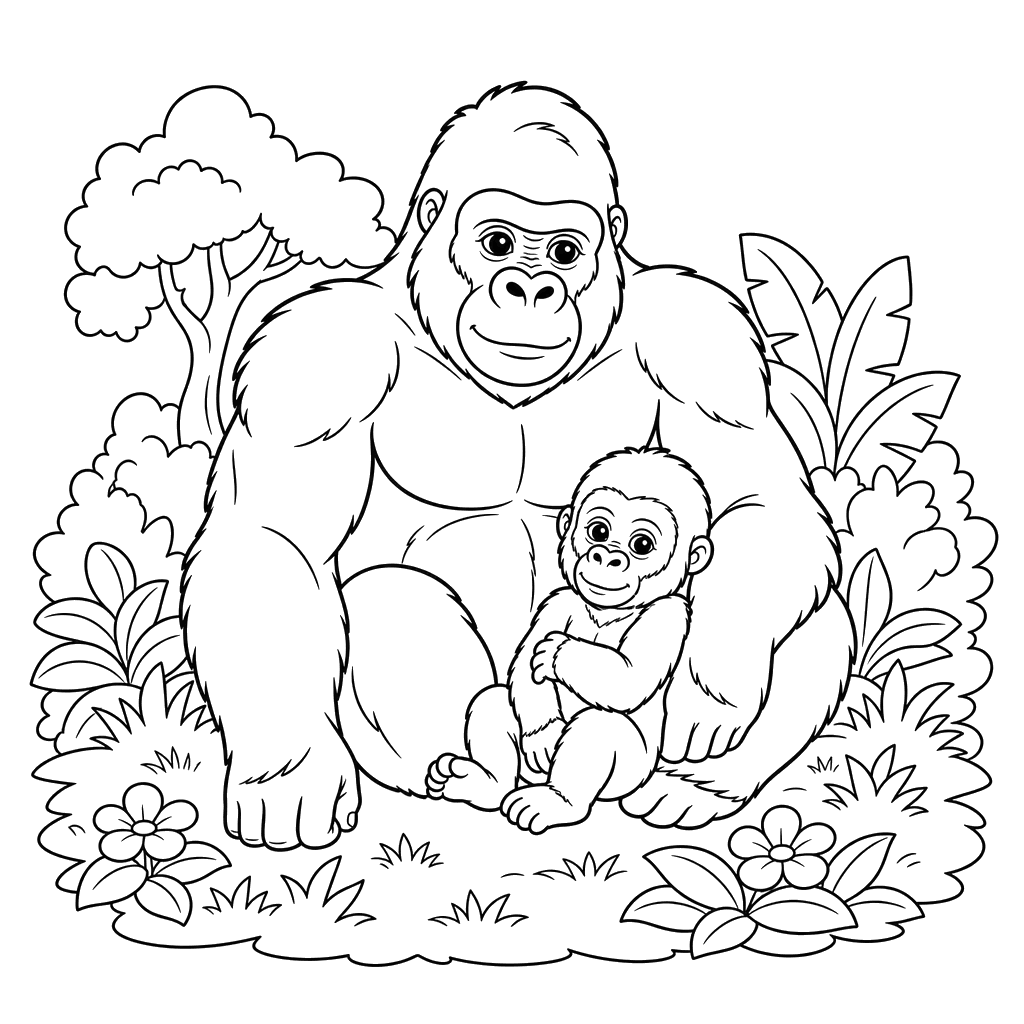 Gorila con cría en la pradera – dibujo para colorear