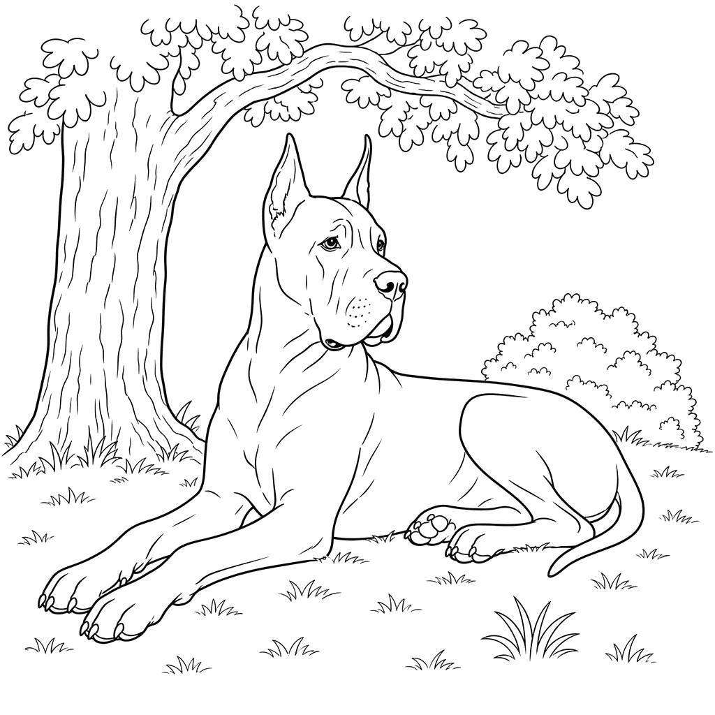 Great Dane resting under a tree