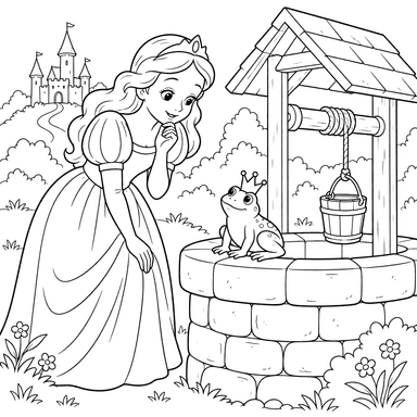 Froschkönig am Brunnen Ausmalbild