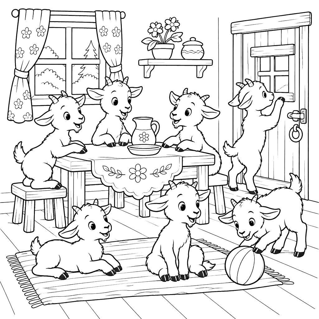 Desenho dos sete cabritinhos na casinha para colorir