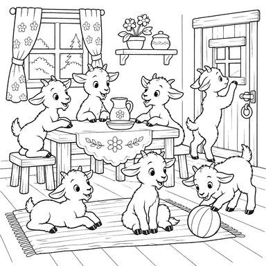 Desenho dos sete cabritinhos na casinha para colorir