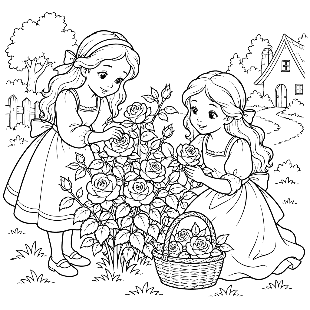 Branca de Neve e Rosa Vermelha entre rosas
