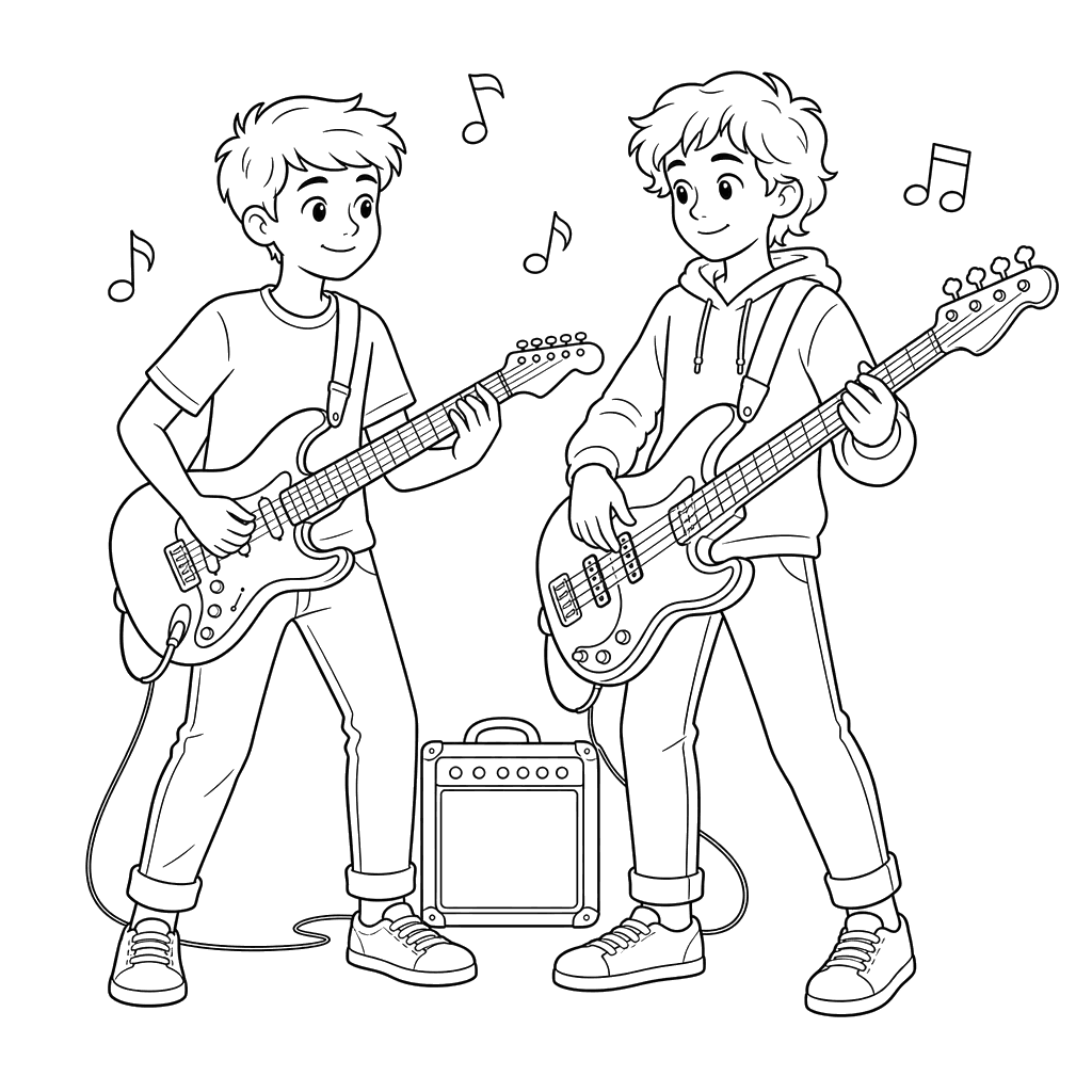 Desenho de Guitarrista e Baixista para Colorir