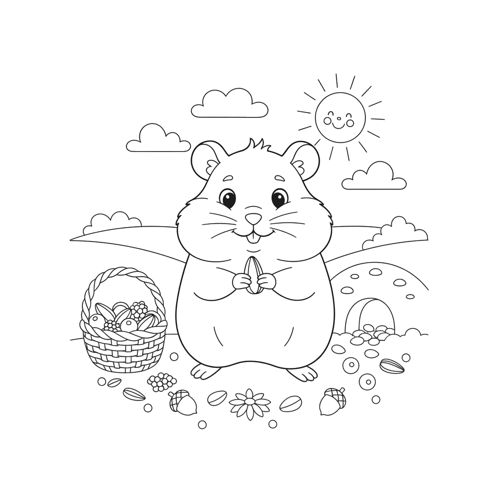 Dibujo para Colorear Hámster Recolectando Comida