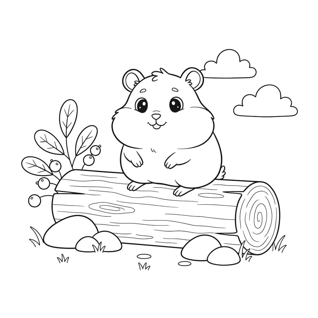 Dibujo para Colorear: Hámster en un Tronco