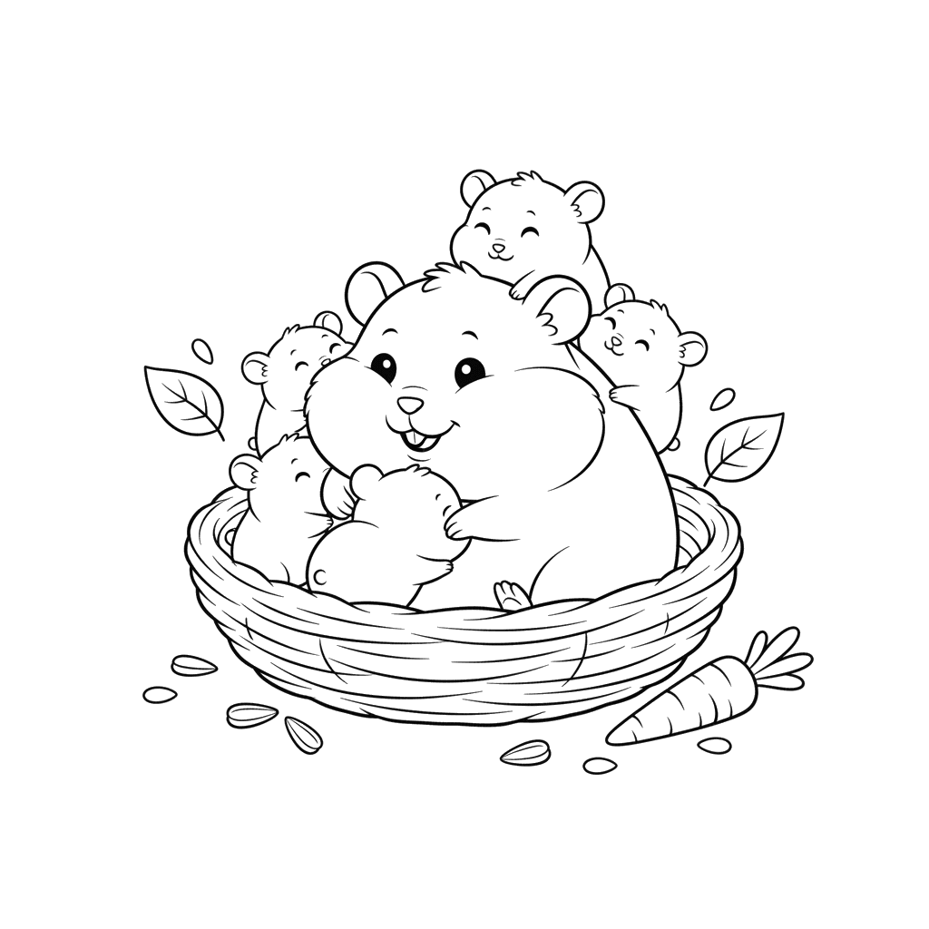 Dibujo para colorear: Hámster con crías