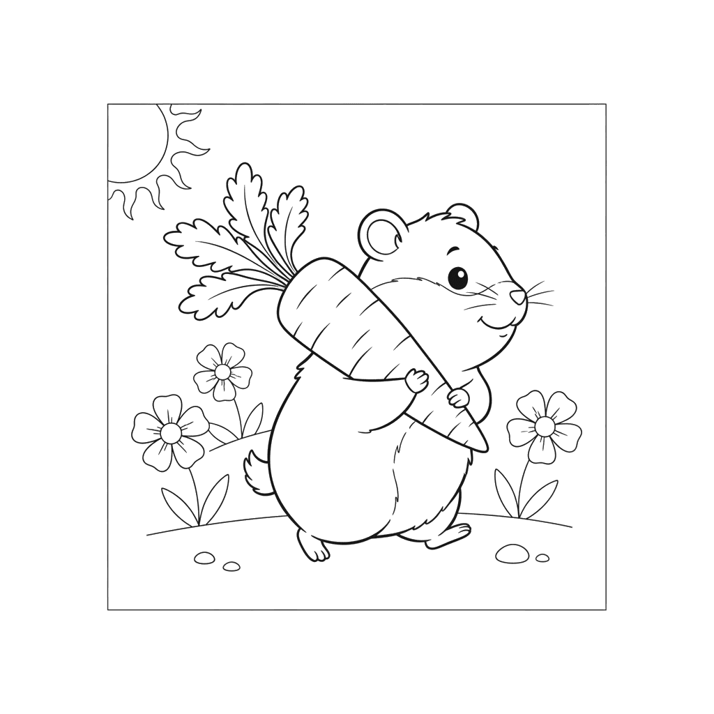 Dibujo para Colorear: Hámster con Zanahoria