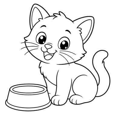 Gatito alegre junto a un cuenco — dibujo para colorear