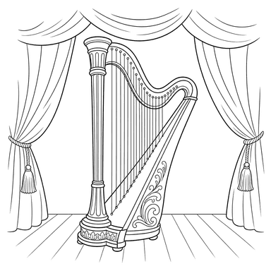 Grande harpe près du rideau de théâtre
