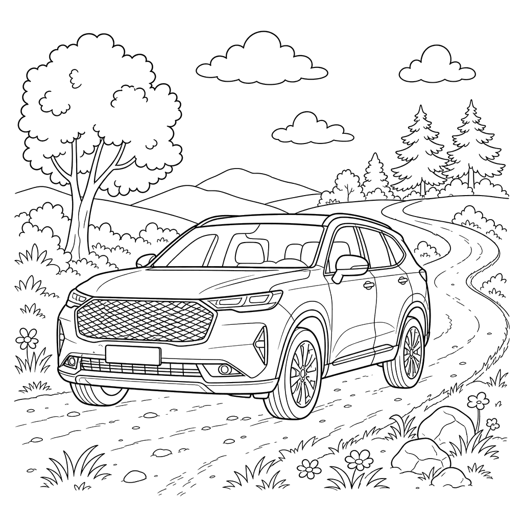 Desenho para colorir: Haval H6 em uma estrada rural