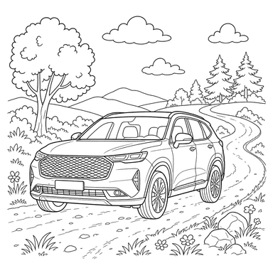 Desenho para colorir: Haval H6 em uma estrada rural