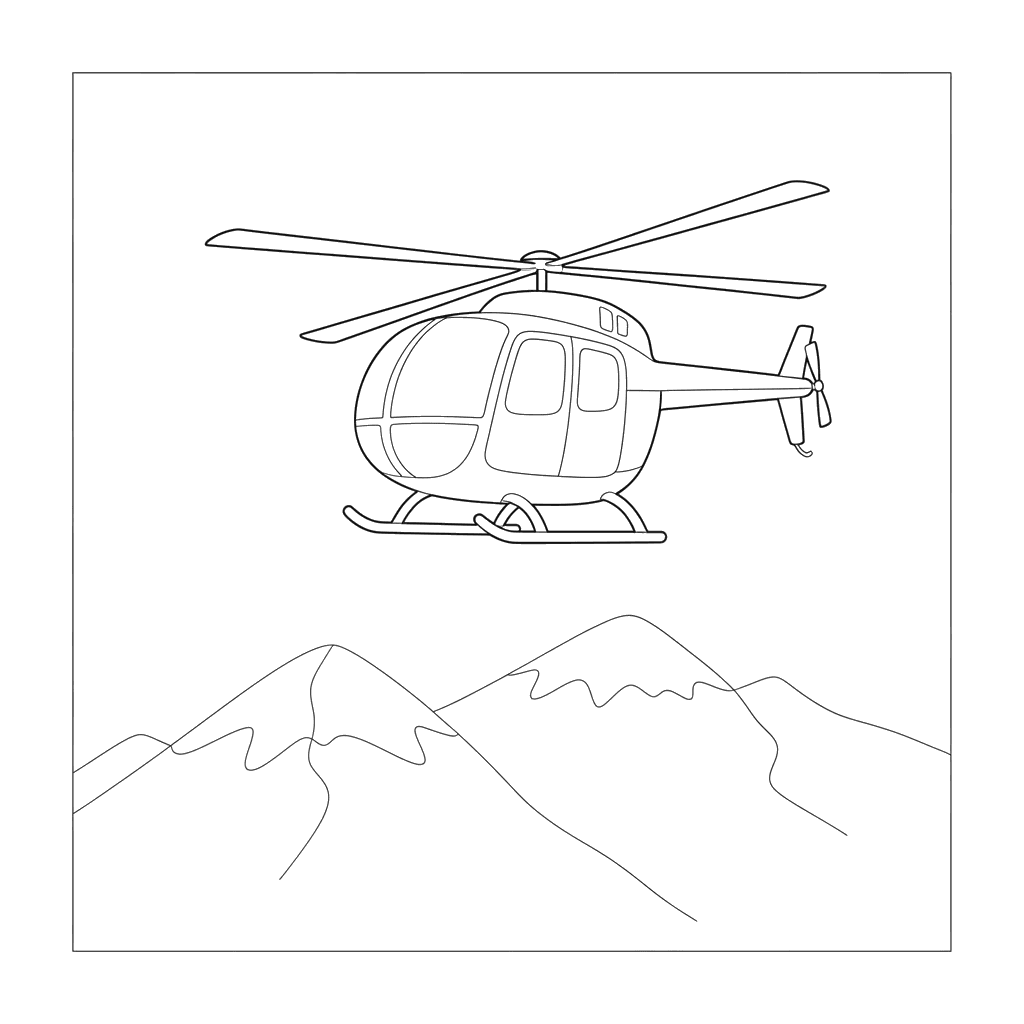 Ausmalbild Hubschrauber über Bergen