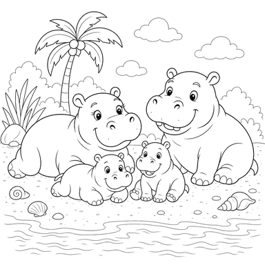 Flusspferd-Familie am Strand