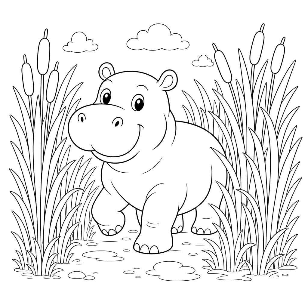 Dibujo de Hipopótamo en los Juncos para Colorear