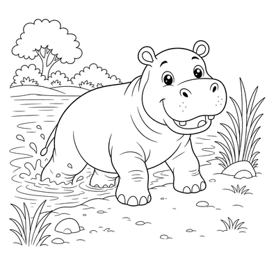 Nilpferd kommt aus dem Wasser Ausmalbild
