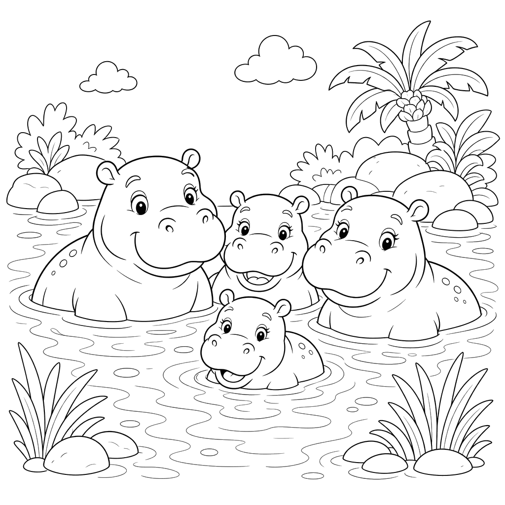 Famille d'hippopotames dans l'eau