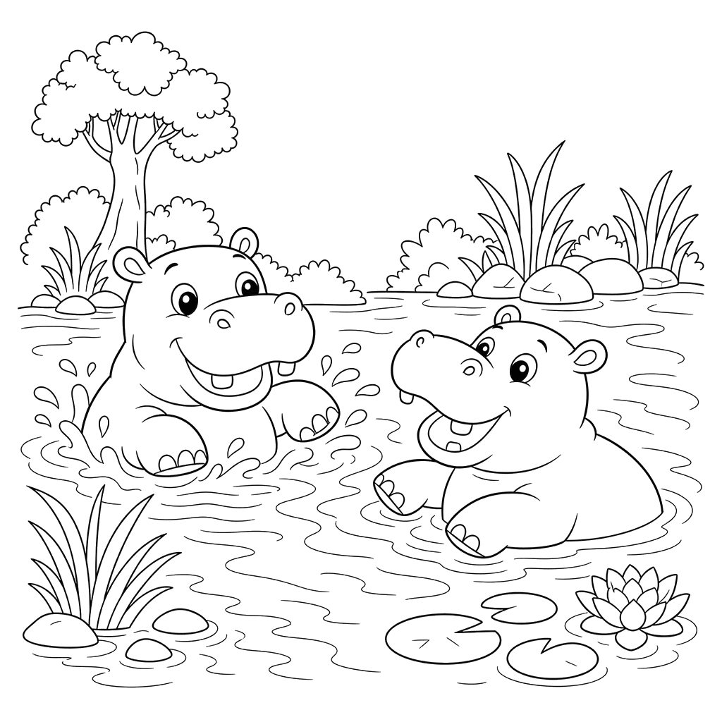 Desenho de Hipopótamos no Rio para Colorir
