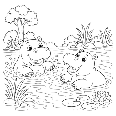 Dibujo para colorear de Hipopótamos en el Río