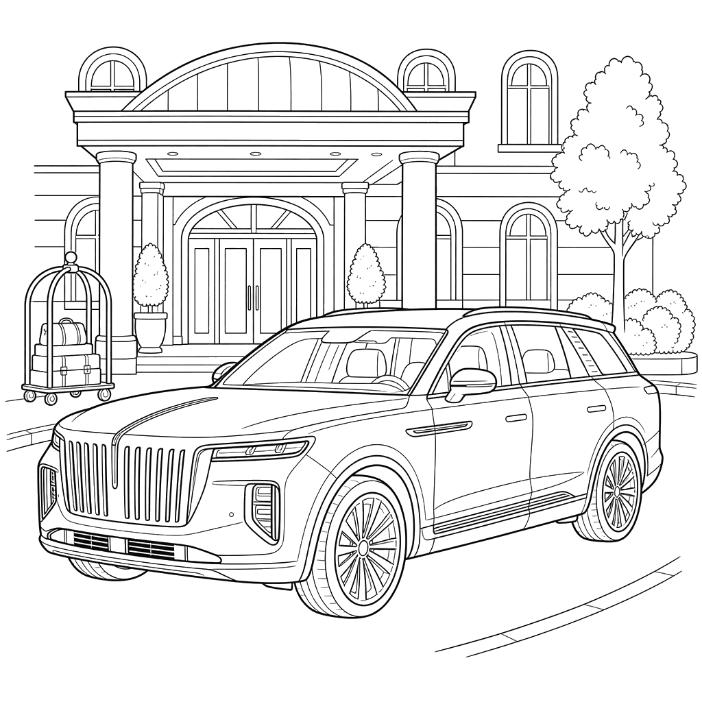 Hongqi E‑HS9 em frente a um hotel — desenho para colorir